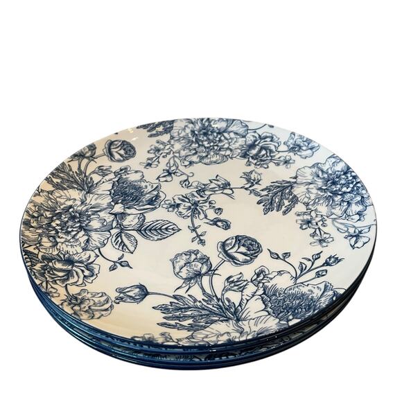 4pc Godinger English Garden Porcelain Dinner Plates 10.5in Blue & White Floral - Picture 5 of 11